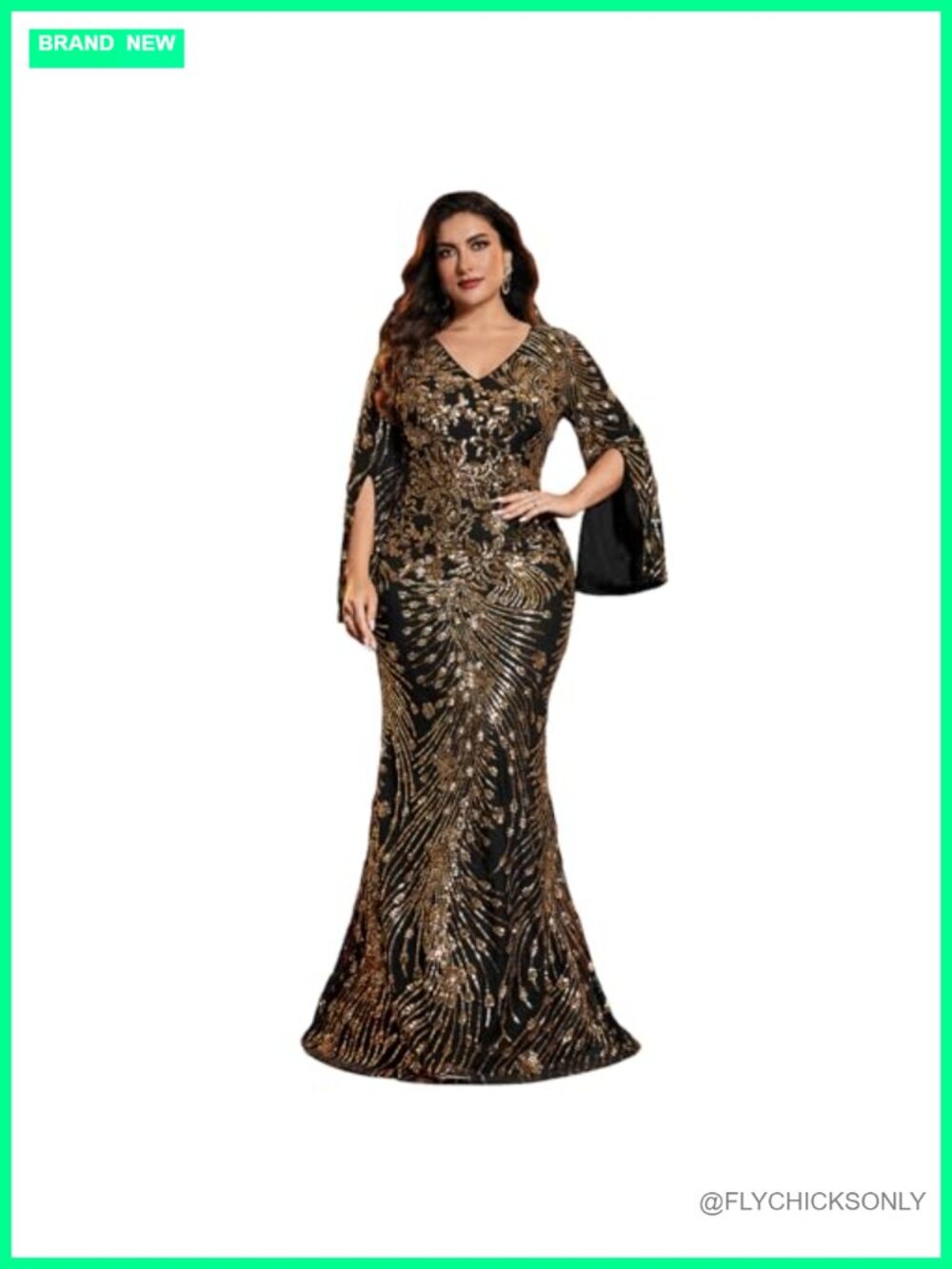 Plus Size Formal Maxi Dress V-Neck Sequin Cape Sleeve Wedding Party